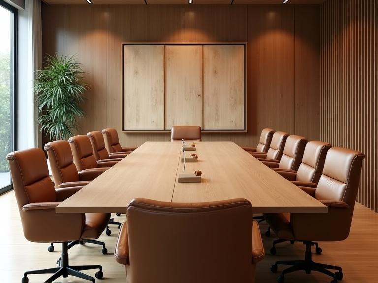 Wooden boards make up a modern board room. Long wooden table surrounded by leather chairs. Large windows with natural light. A plant adds greenery to the space.