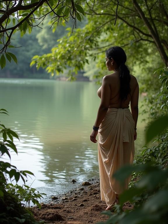A woman stands by a riverbank. The scene is from behind bushes. Natural surroundings are visible with a river in front. The woman is in a relaxed pose. Lighting is soft and warm.