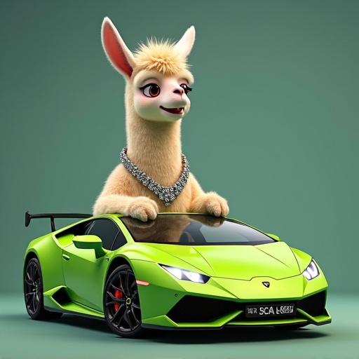Funny animated cartoon alpaca in pop fashion wears. Alpaca wearing a big shining diamond chain labelled ALPACA. Alpaca leaning and sitting on a green animated Lamborghini.