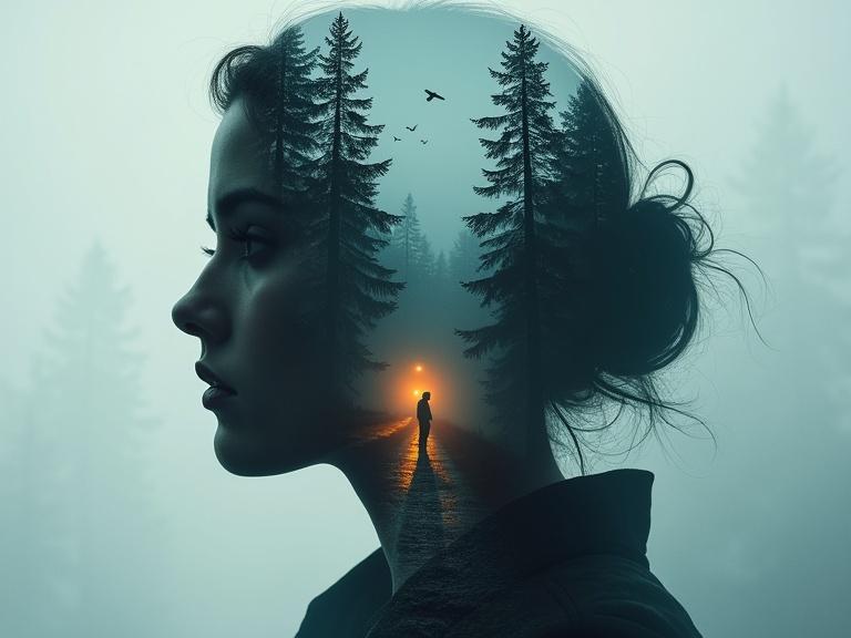 Dark surreal double exposure of a woman's silhouette with a haunting forest scene. Inside silhouette, a winding road glows with flickering lights. Fog surrounds an isolated village among tall pine trees. A lone figure stands in the mist. Overcast sky with crows above. Expression is ghostly, eyes are shadowed. Mood is chilling and mysterious. Colors are muted, deep blues, grays, dim orange.