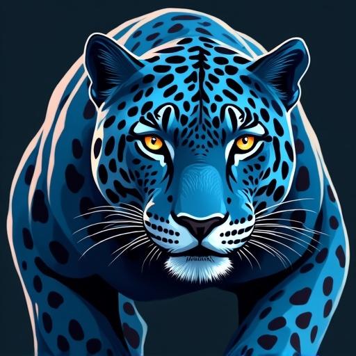 Jaguar with muscles standing strong showing impressive physique from the front wearing a blue short sleeve v-neck t-shirt with light blue edges.
