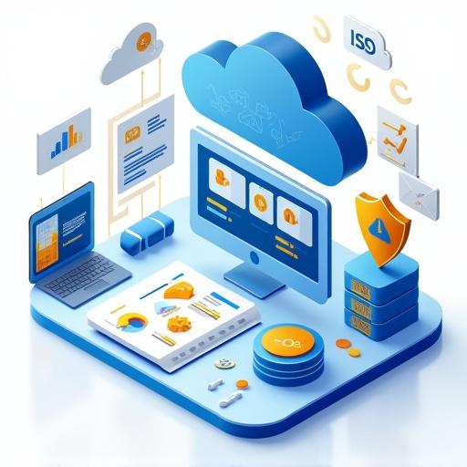 Isometric illustration depicting a digital compliance system for clinical trials. Features cloud-based dashboard with ISO 27001 and PDPA shield icons along with certified logs and audit trail icons. Includes a lock pad and data infrastructure elements. The theme is medical technology in blue and gold colors. Overall design is secure modern with a premium user interface. Clean file and badge system present.