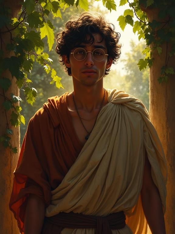 A young man in Greek robes stands outdoors. He has round glasses and a worried expression. Vines surround the scene, resembling a serene moment. The artwork features dynamic lighting effects and echoes Alphonse Mucha's style with digital oil painting techniques.