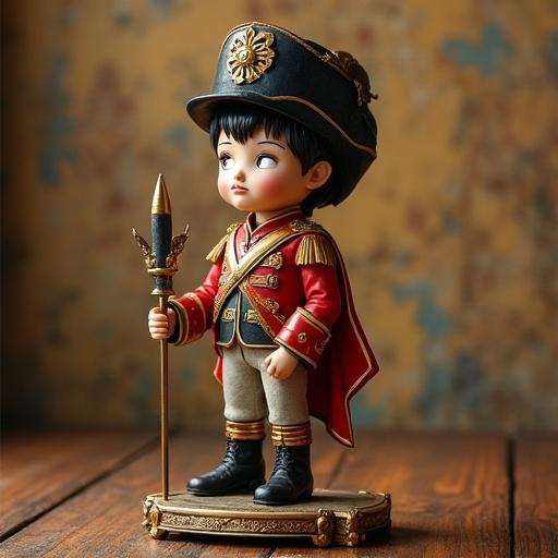 This is a small collectible figure resembling a soldier in a Napoleon-like outfit. The figure wears a detailed uniform with gold embellishments. A red cape and a decorative hat complete the look. The figure stands proudly, holding a spear and is placed on an ornate base. The background has a slightly blurred texture enhancing the focus on the figure.