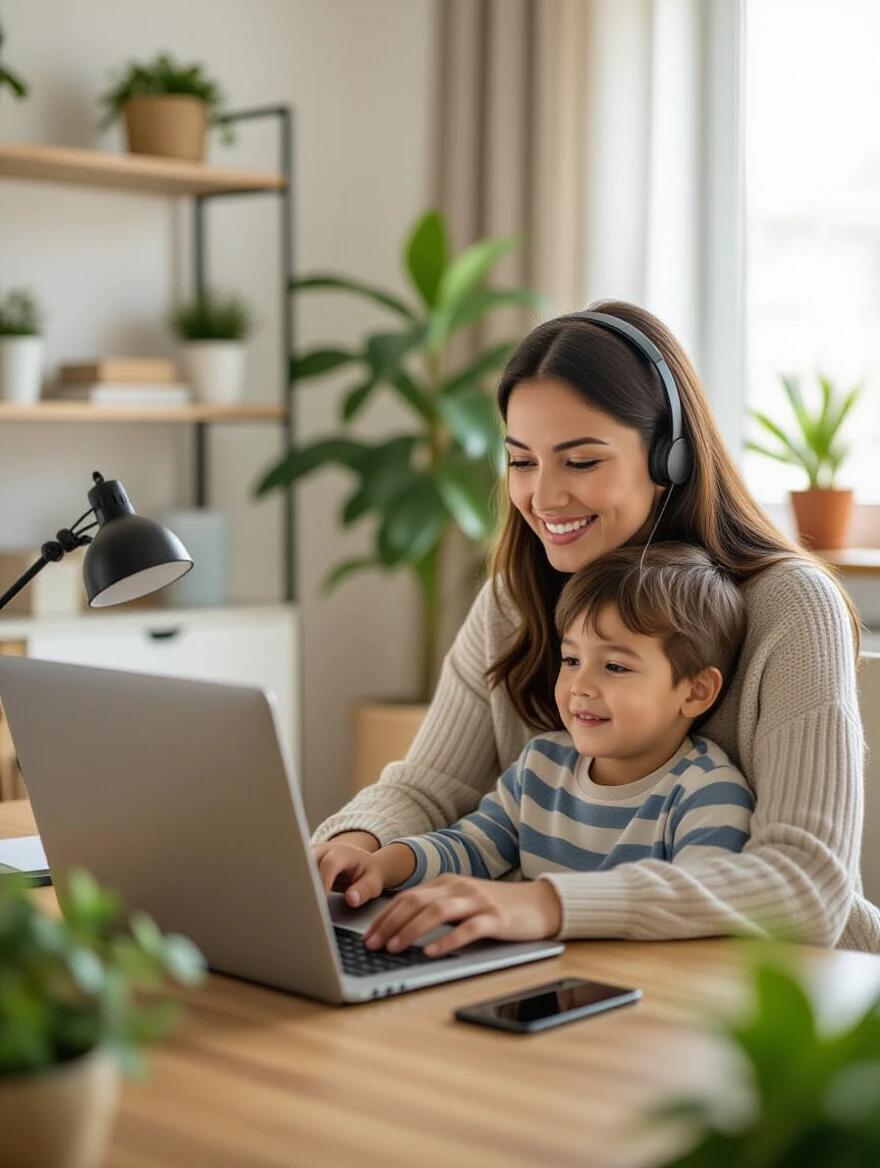 Young mother works from home at a desk with a laptop and phone. Son sits on her lap looking at the screen. Room decorated with plants and well-lit. Photograph captures a warm and productive atmosphere.