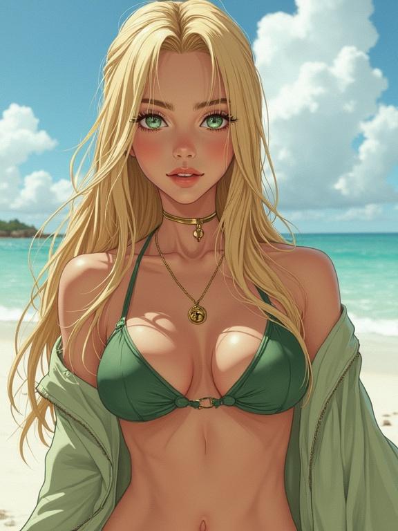 Woman wearing a green bikini on a beach. Long blonde hair flowing freely. Sunny sky and sea in the background. Soft clouds float in the blue sky. She wears a light cover-up around her shoulders. Jewelry adds elegance to her look.