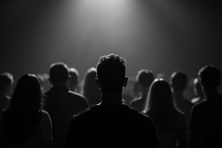 Image shows a crowd from the back with a black background and a spotlight illuminating the scene.