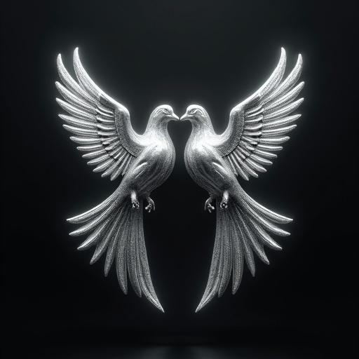 Breathtaking brand logo concept centered on peace. Two doves forged from molten silver. Powerful and elegant forms. Hyperrealistic chrome texture. Dramatic low-key studio lighting. Serene interaction. Harmonious balanced composition. Meticulously rendered details. Profound tranquility and strength. Award-winning design. Hyperdetailed 8K cinematic realism.