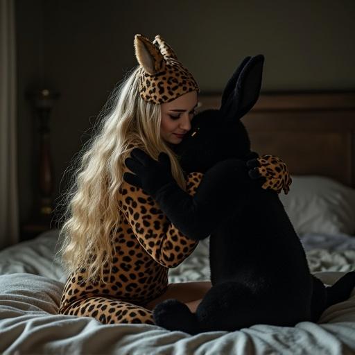 A blonde woman in a cheetah costume is embracing a black bunny puppet while lying on a bed in a dark room. She has cheetah-like ears and balaclava. The atmosphere is cozy and playful. The focus is on their interaction in a close pose.