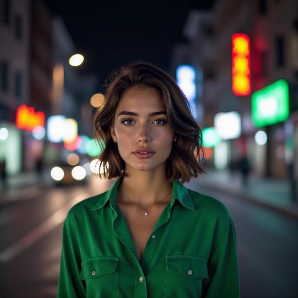 Photo of a female model in a city street at night. Street is illuminated with neon lights. She wears a green tucked shirt and black baggy cargo pants. Short wavy hair. Silver accessories. Dark background with vibrant colors surrounding her.