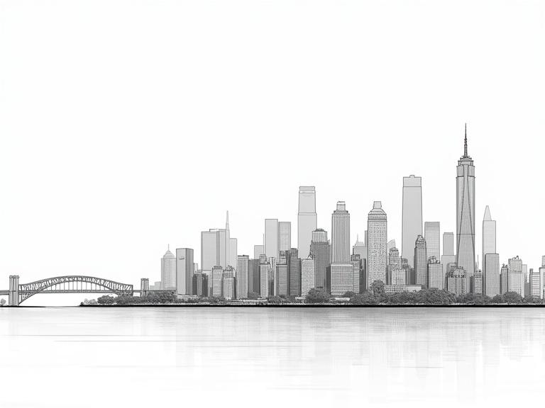 Architectural drawing of New York City skyline with elevation and section views created in AutoCAD. Features iconic buildings and landmarks. Monochrome style used for detailing.