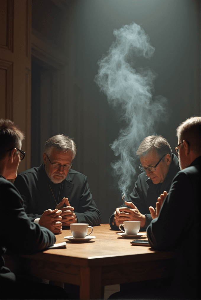 A group of men sit around a table in prayer or meditation with cups of coffee in front of them.