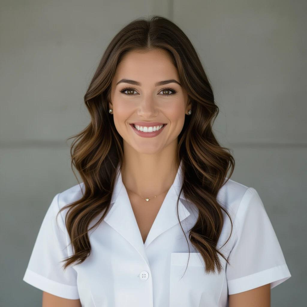 A woman wearing a white professional uniform with a neat hairstyle stands against a neutral backdrop. The focus is on her well-groomed appearance and professional demeanor.