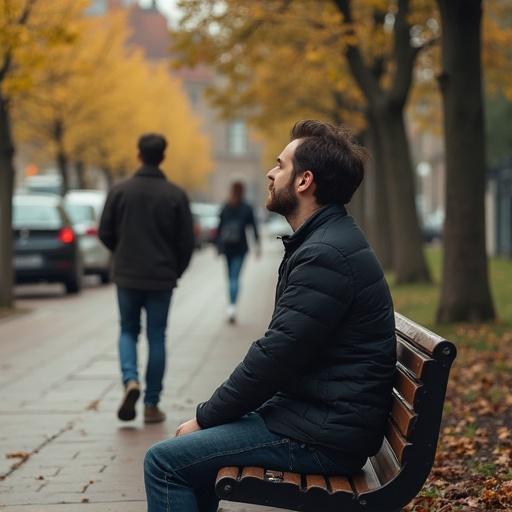 A young man feels low energy. He sits on a bench looking tired. A couple walks past him. The scene is in autumn with yellow leaves on trees. The man appears thoughtful and introspective.