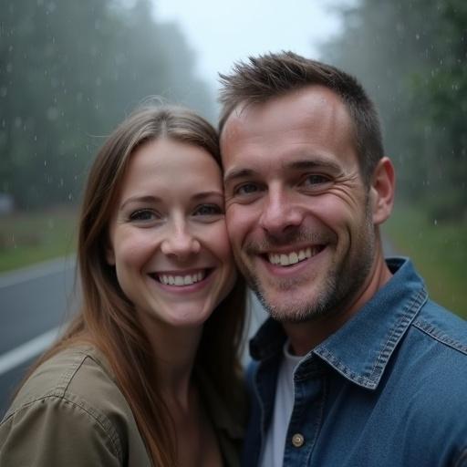 A photo blurred by the rain. Happy couple against a road background.