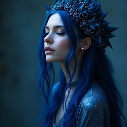 A character named Smurfessa Nocturne with deep-blue hair and silver-lake eyes. She embodies mystique and grace. She wears silks that shimmer like stardust. Her expression is captivating and quiet. She's surrounded by an enchanting atmosphere.