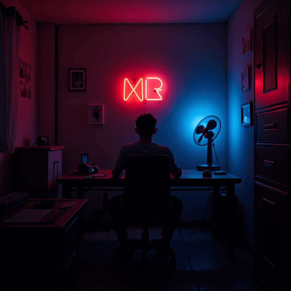 A person sits at a desk in a room illuminated by red and blue neon lights.