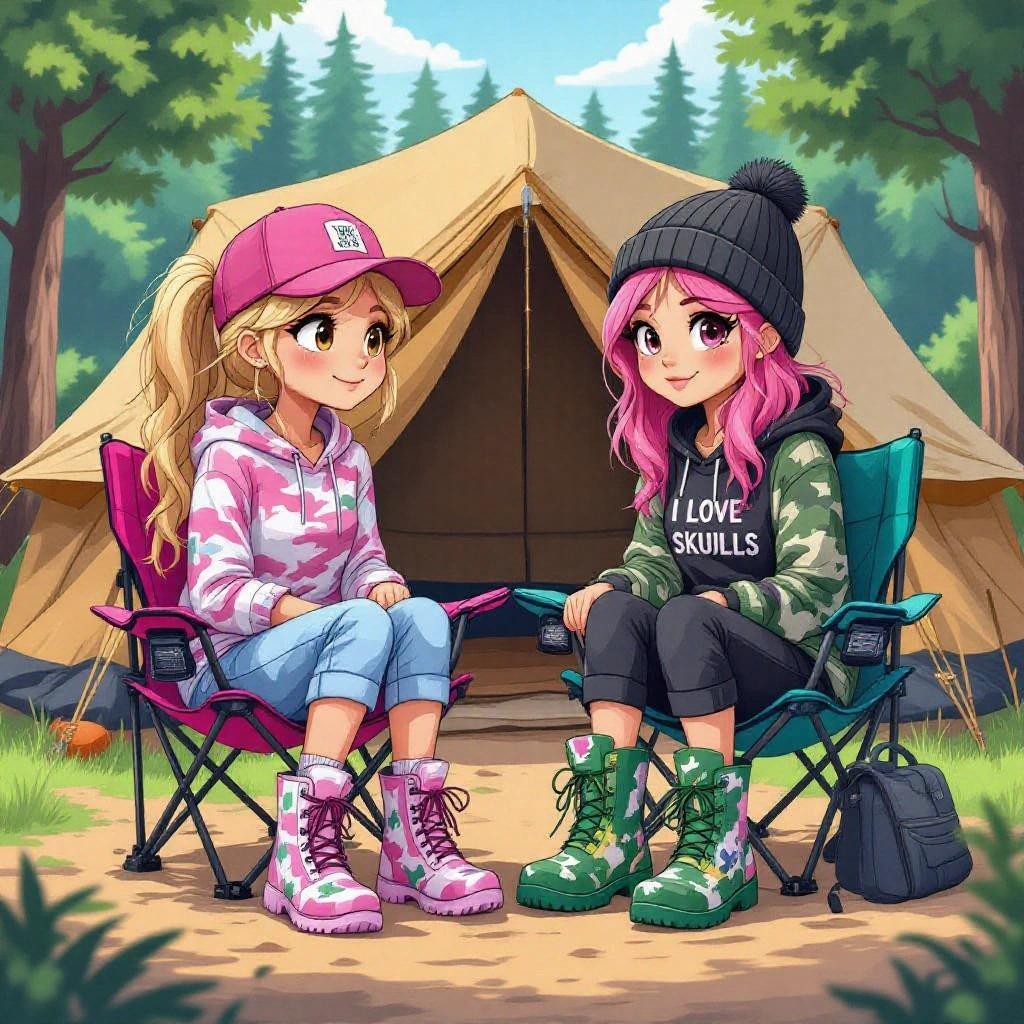 Two cartoon girls at a music festival outside a tent. One has dark blonde hair and wears pink. The other has pink hair and wears black. They sit on camping chairs.
