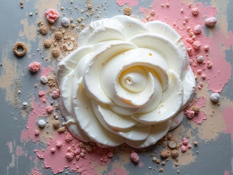 Exquisite mousse art resembling a rose. Thick textured layers with splashes and scratches. Mixed media elements including newspaper, jute fibers, wood, and confetti over a gray surface. Highlights of silver bioluminescence. Digital close-up.