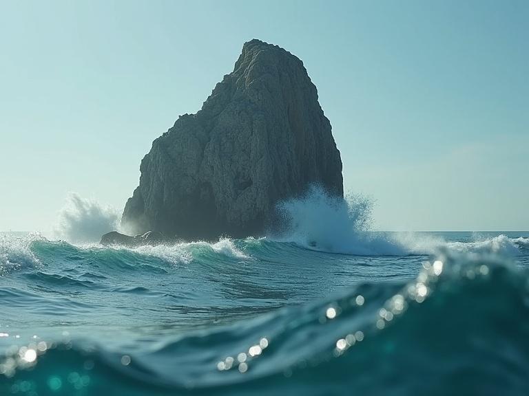 Close-up shot of a rock formation emerging from ocean waves. Dramatic waves parting as the formation reaches surface. Cinematic feel, still from a commercial.