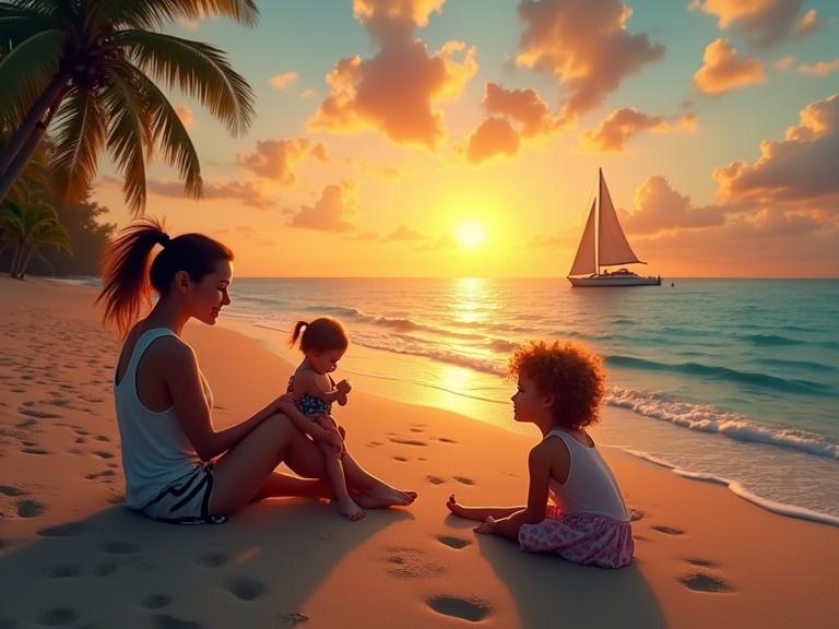A tranquil beach at sunset with golden hues. Silhouette palm trees and a sailboat in the distance. Clear sky with scattered clouds transitioning from orange to deep blue. A playful scene with a mother and her kids. Young girl resting head on a stool. Mother holding a toy monkey. Girl has a pacifier. The atmosphere is fun and lighthearted.