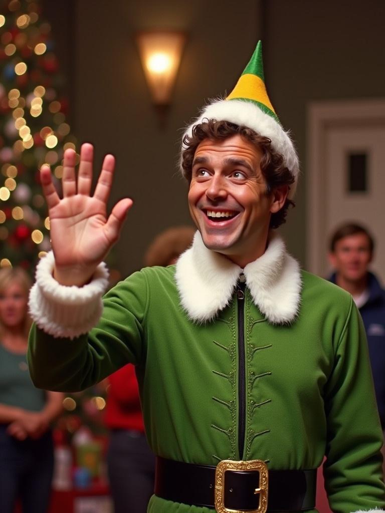 Character with a smile wears a green outfit and waves in a festive environment with Christmas decorations.