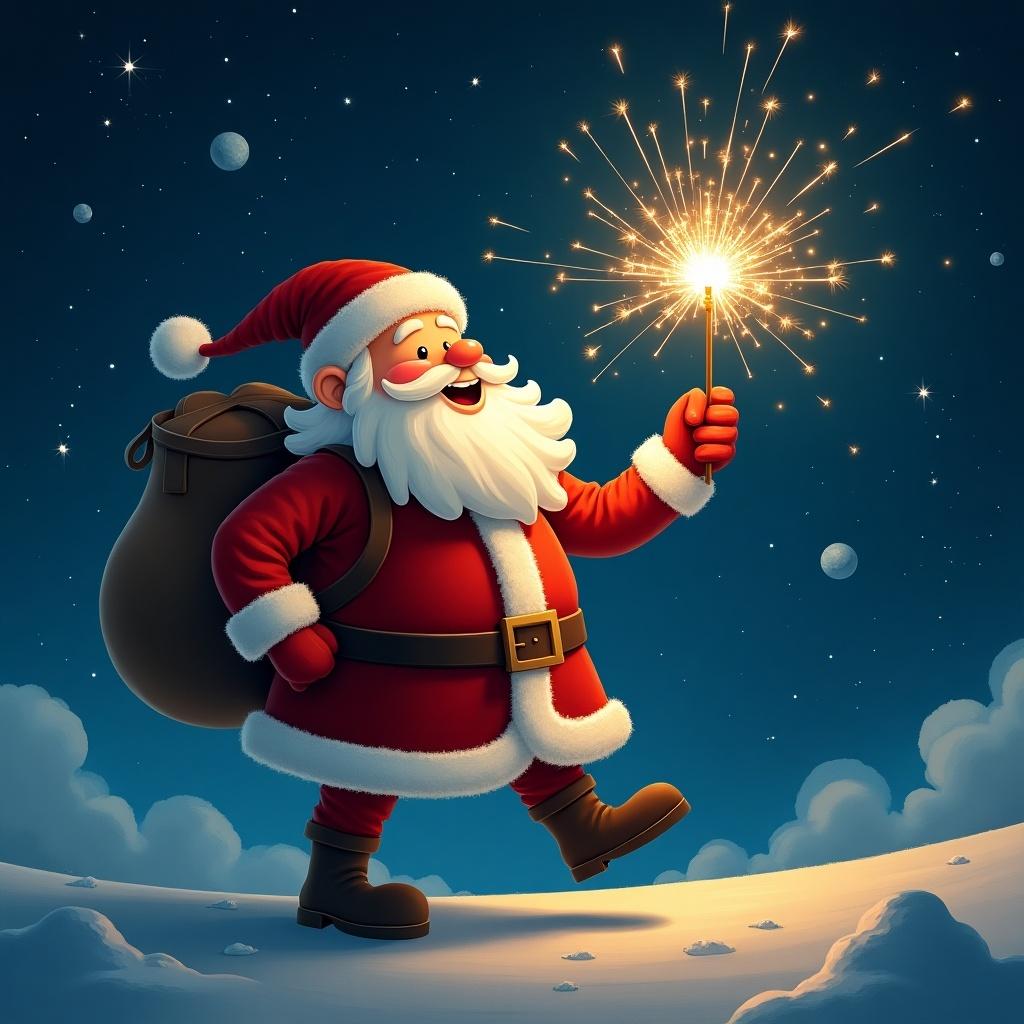 Santa in outer space. Santa writing Wesley in the sky with a sparkler. Winter landscape with snow. Bright and colorful.