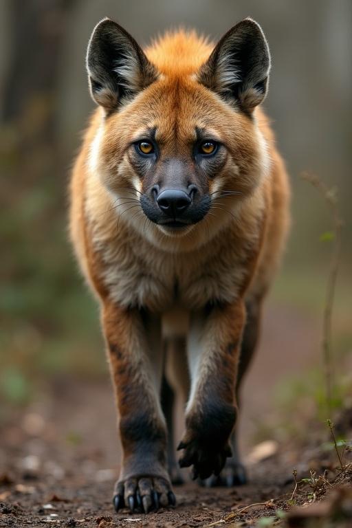 A four-legged creature with a mix of hyena and large cat features. The creature has prominent claws and is walking directly toward the viewer with a focused expression.