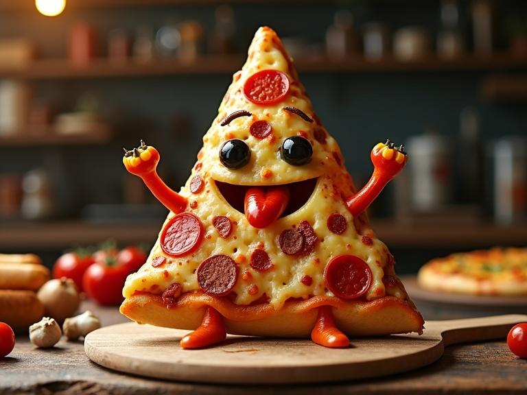 A whimsical triangle character made of pizza toppings. Character has a crust torso and melted cheese joints. Pepperoni arms extend outward. Black olive eyes and a tomato slice mouth with a chili tongue create a playful expression. Decorated with mushrooms onions and sausage like armor for texture. Character posed heroically on a pizza peel above a rustic counter scattered with fresh ingredients. Warm lighting enhances the inviting feel of the scene.