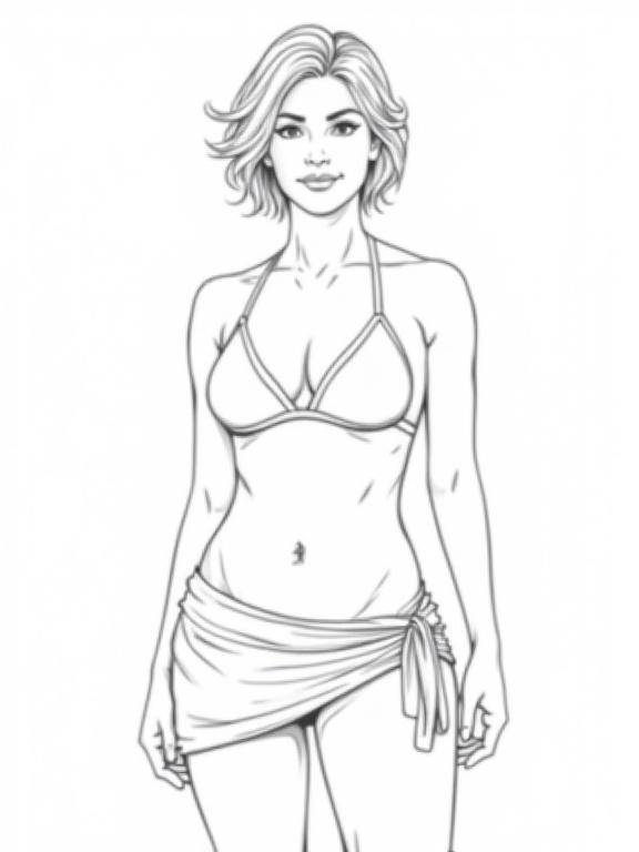 Vector illustration of a mature woman with short hair wearing a bikini and sarong. The image has a toned, muscular body style and is presented in black and white as a high-definition outline, focusing on the upper body portrait.