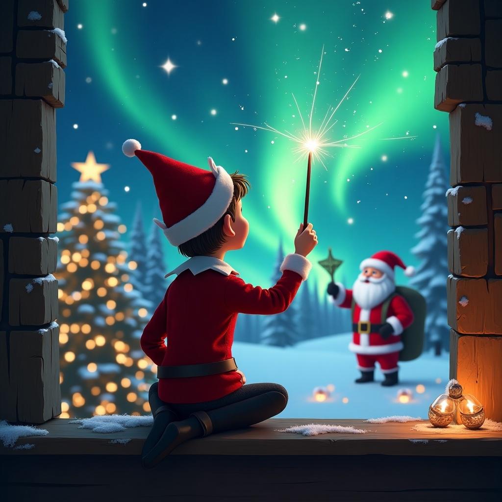 The image depicts a young boy dressed as an elf sitting on a ledge, facing the sky with a wand raised. He is in a festive setting, surrounded by magical elements. The background features a snowy landscape illuminated by vibrant northern lights. Santa Claus can be seen in the distance, adding to the magical atmosphere. The scene is filled with Christmas trees and soft twinkling lights, contributing to the holiday spirit. This enchanting image captures the essence of Christmas joy and wonder.