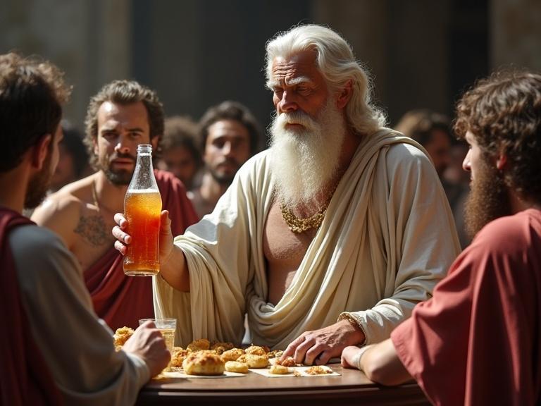 Socrates lifts a bottle of Glacial Drinks during a Symposium. He speaks to his disciples. Encourages them to refresh themselves before seeking knowledge.