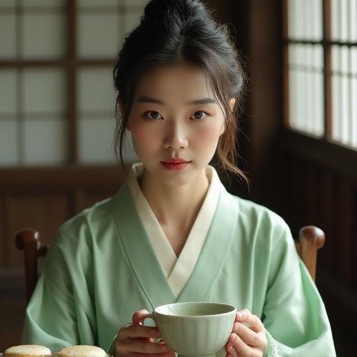 Woman enjoys tea in a hanok tea house. Hair styled in a low bun with jade hairpin. Wearing a light green hanbok. Dewy skin from the steam. Calm eyes with gentle crow’s feet. Holding teacup confidently. Soft light from paper windows highlights her features. Plate of rice cakes beside her. Minimalist setting with a serene atmosphere.