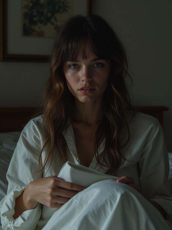 A woman sitting in bed holding a book under soft lighting. She has a thoughtful expression and slightly tousled hair. The room appears calm but with an underlying tension.