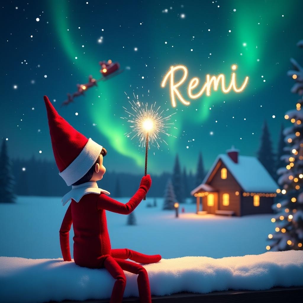 This enchanting scene features an elf on the shelf sitting on a snowy ledge, facing away from the viewer. The elf gazes up into a beautiful night sky filled with twinkling stars and vibrant northern lights. He holds a sparkling wand, writing names in the air, creating a magical effect. In the background, a cozy cabin glows warmly, evoking a sense of holiday comfort. Santa and his sleigh can be seen flying across the sky, adding to the festive atmosphere.