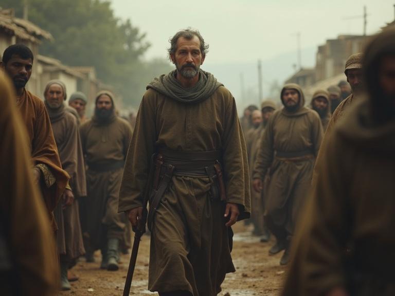 Enoch walks through a village surrounded by villagers. Some villagers look in awe while others display suspicion. Realistic style and muted tones create a historical ambiance. The aspect ratio is 9:16.
