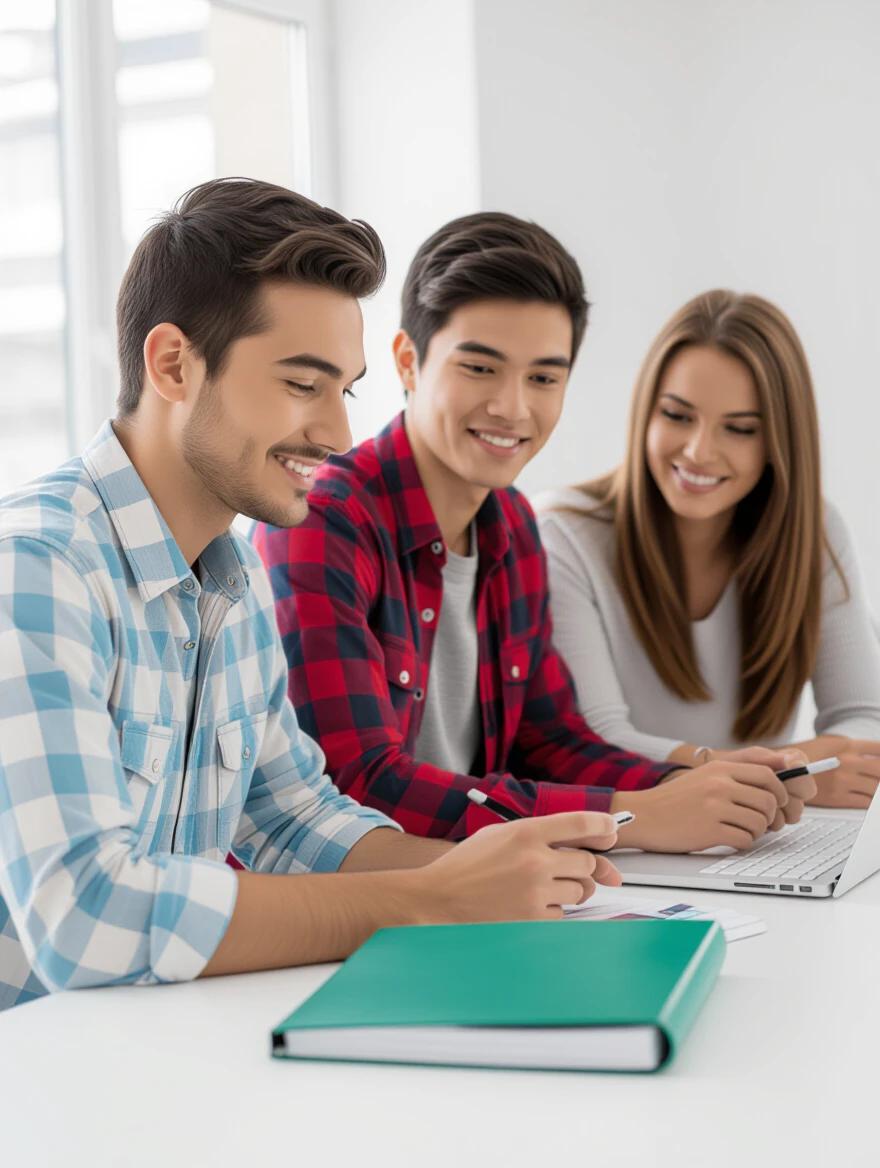 Three young individuals sitting at a table. They appear engaged in study-related activities. A laptop and notebooks are on the table. They smile and exhibit a positive atmosphere. The setting is bright and modern.