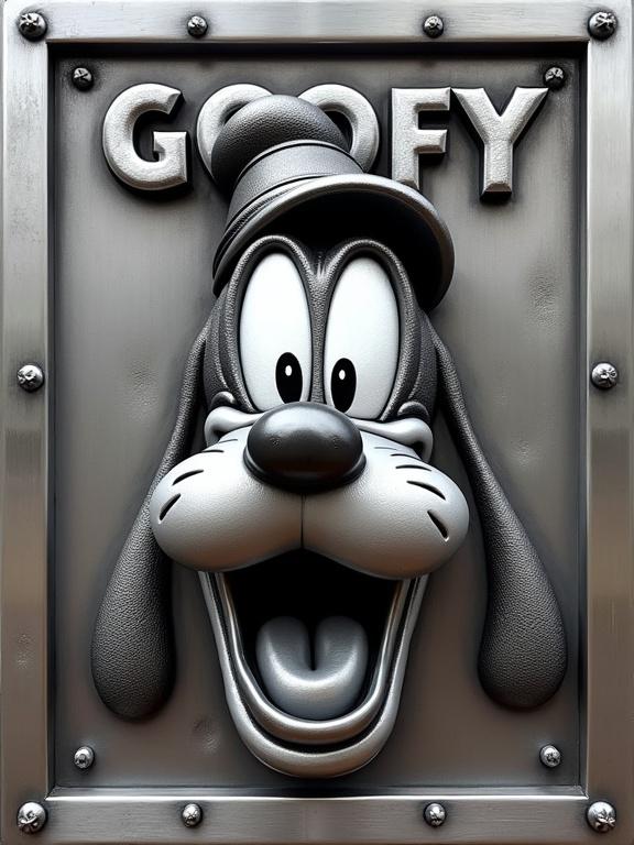 High-relief engraving of Goofy grinning on polished steel. Goofy has askew hat and floppy ears. Deeply etched face with textured lines. Signature buck teeth defined. Industrial-style lettering saying Goofy integrated into steel. Scene framed in rectangular steel with rivets and brushed finish. Soft gradients of light reflect on frame.