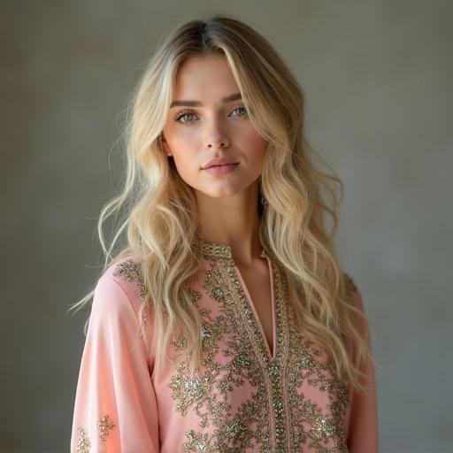 Portrait of a model in shalwar kameez. Focus on details of attire. Blondes with flowing hair.