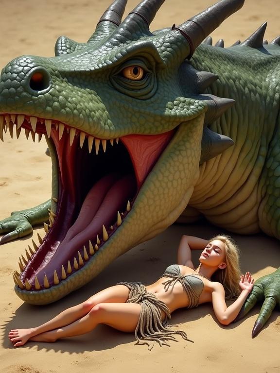 Dreamworks cartoon style image with a petite woman in tattered loincloth lying on her back beside a large friendly dragon. The setting is a post-apocalyptic environment with a cinematic feel. The woman has shiny tanned skin and appears tired, with her hands behind her head. The dragon has an open mouth revealing sharp teeth and a large tongue.