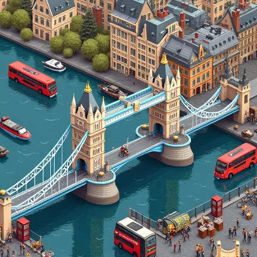 Ultra-dense isometric scene featuring Tower Bridge and City of London. Colorful bird’s-eye view. Detailed cartoon style with crisp lines. Includes Tower of London, red buses, black cabs, street markets, and Thames with boats. Showcases rooftops, chimneys, street lamps, and bicycles. No people or silhouettes. Mix of historic and modern elements.