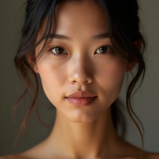 Asian woman with tanned skin in a close-up portrait. Soft natural lighting enhances her skin tone. Upper body is visible with elegant styling.