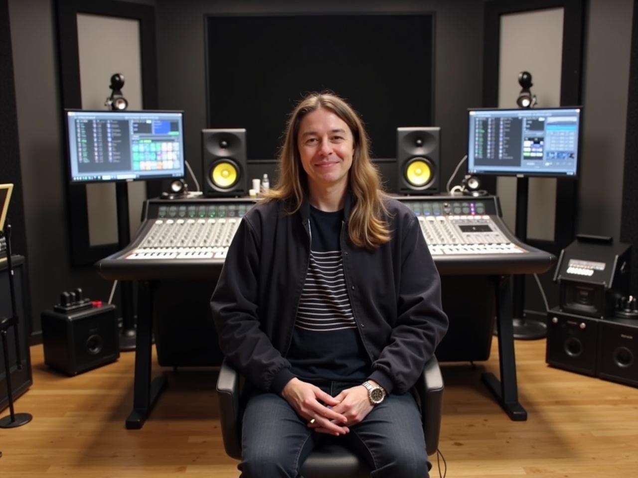 The image shows a person seated and facing the camera. Behind them is a professional, modern music studio that features a mixing board, multiple monitors, and a large screen. There is also a recording booth visible in the background, adding to the studio's professional vibe. The lighting is bright, highlighting the setup, and the overall atmosphere is creative and focused. The person appears relaxed yet engaged, fitting perfectly into the modern studio environment.