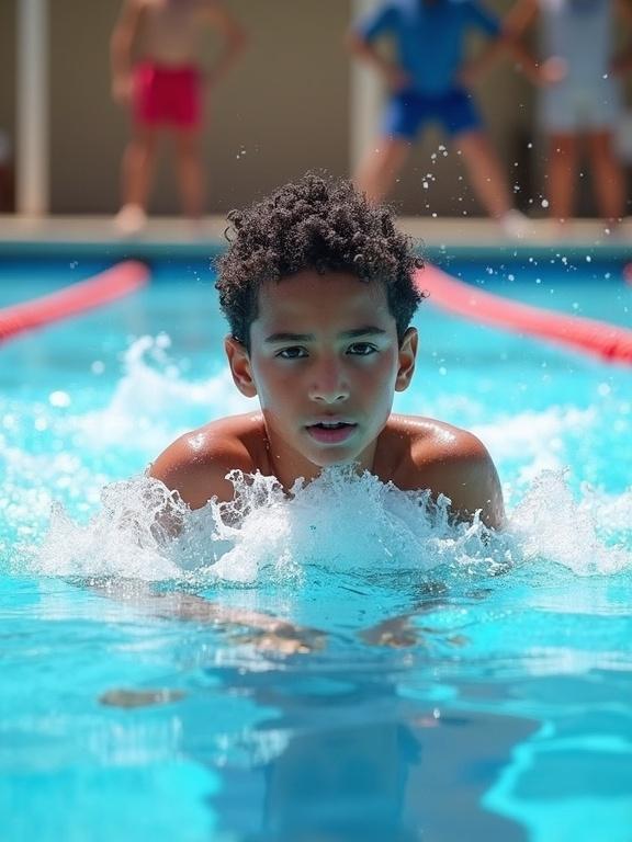 A young boy swimming freestyle in a clear outdoor swimming pool. He has short black curly hair and appears focused. Wearing red and blue swim shorts. Water splashes around him. A coach watches at the poolside. Bright daylight with realistic lighting. High-resolution image, no text.