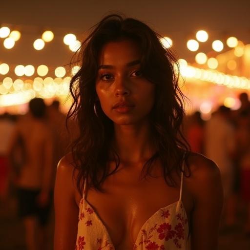 Cinematic film still of a beautiful young South Asian woman at a crowded outdoor night festival. Dark wavy hair is messy. Skin is glistening with sweat in humid atmosphere. She wears low-cut white camisole with red floral patterns. Background filled with warm blurry bokeh lights. Soft golden lighting creates sultry atmosphere. Photorealistic image shot with an 85mm lens.