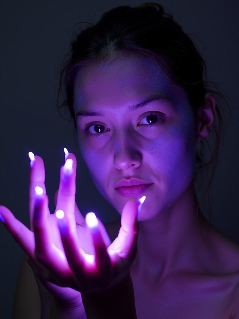 Hands illuminated in light purple against a dark background. Softly glowing effect highlights the fingers. Skin tone appears pale. Imagery suited for an artistic or fantasy theme.