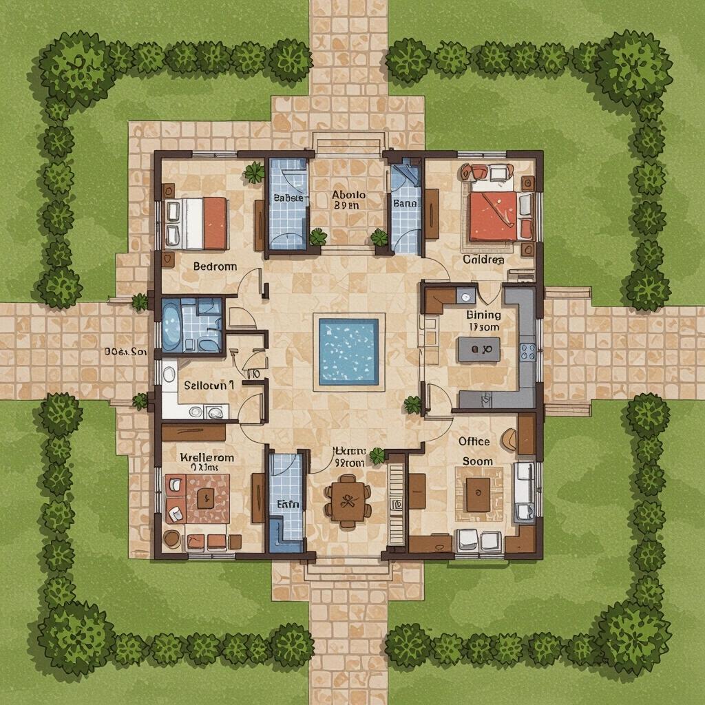 Top-down architectural floor plan of a spacious traditional Mexican hacienda-style single-story house. Clear layout of rooms around a central patio. Rooms labeled. Terrace with shade canopy. White stucco walls. Bright daylight.