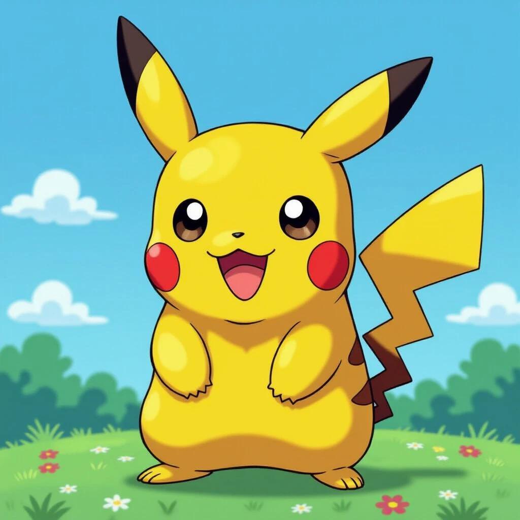 Pikachu stands cheerful on a grassy field. Background features blue sky with fluffy clouds and flowers. Large ears and bright yellow color are prominent. Adorable expression highlights happiness and playfulness.