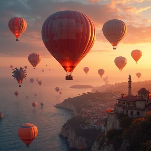 Professional photograph of dozens of hot air balloons in animal shapes and steampunk designs floating over a beautiful sunset sea cliff village in vibrant deep colors.