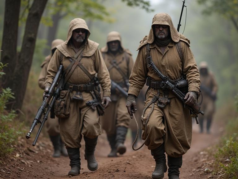 A group of soldiers dressed in military attire is marching through a wooded area. They are equipped with rifles and appear focused on their mission. The setting has an overcast sky and the terrain is a dirt path surrounded by trees.